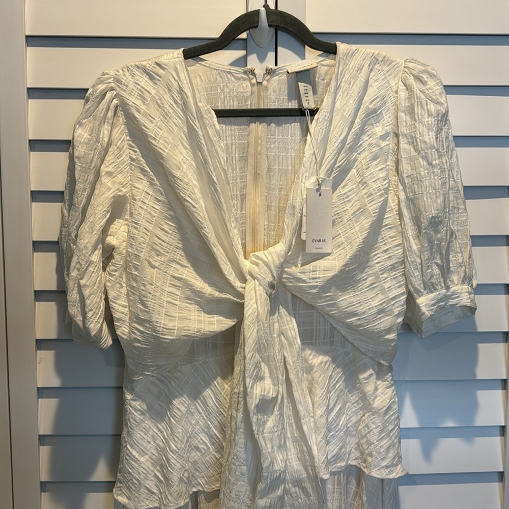 EVARAE Amber NWT Dress MSRP$530 W/a tie-front V neck with short puff sleeves. - Picture 4 of 15